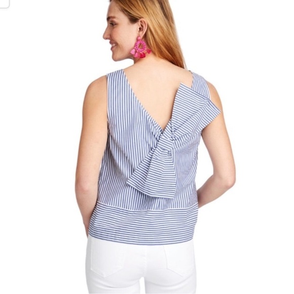 Vineyard Vines Sarah Blue Stripe Bow Back Sleeveless Poplin Top Preppy Resort. 8 - Picture 6 of 7